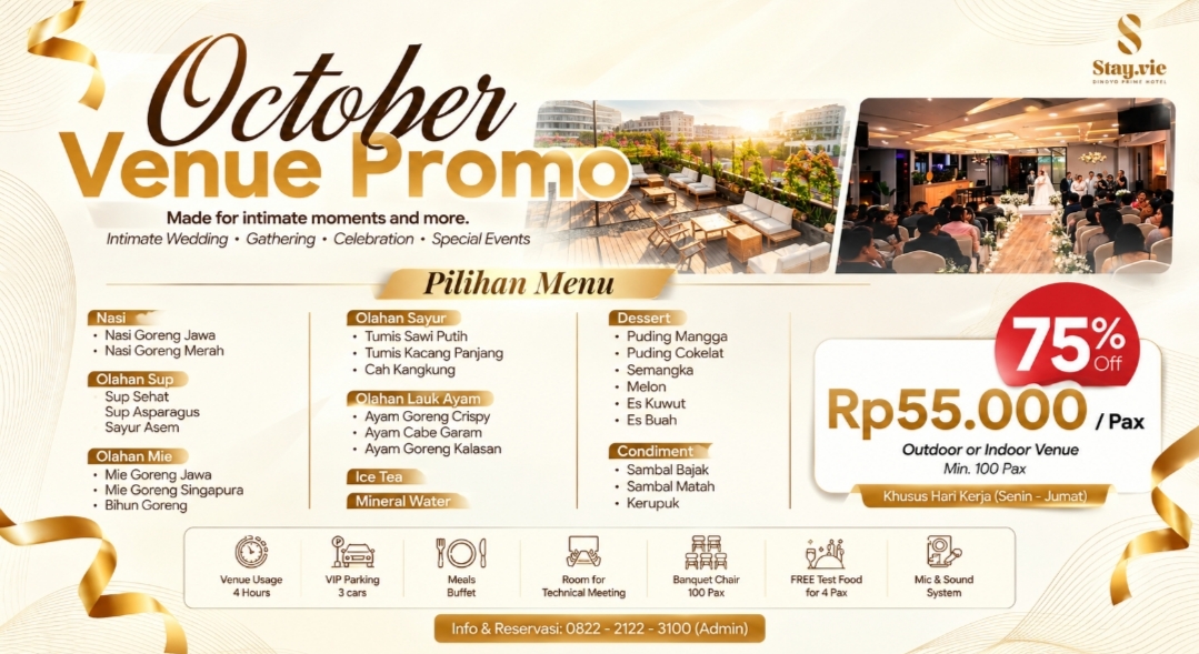 Stay.vie Dinoyo Prime Hotel Tawarkan Promo Wedding Weekdays, Diskon Venue Rp55 Ribu per Pax